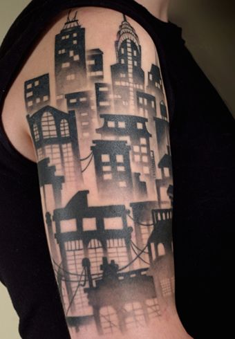 Dan Gilsdorf Cityscape Tattoo, Chicago Skyline Tattoo, Building Tattoo, Skyline Tattoo, Atlas Tattoo, Tattoo Spots, City Tattoo, Inspiration Tattoos, Original Tattoos