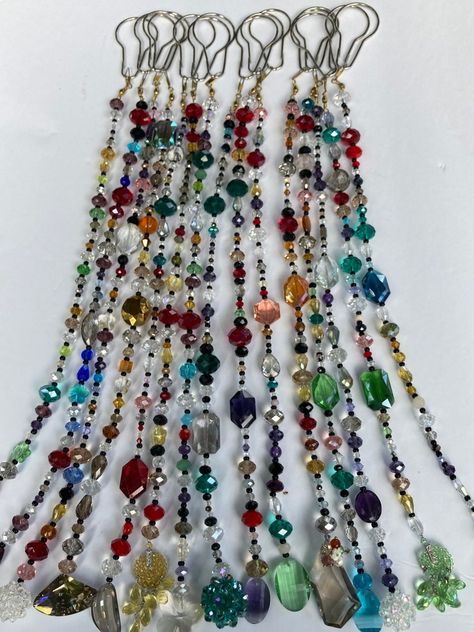 Glass Beaded Curtain, Beaded Curtains Window Sun Catcher, Crystal Curtains Diy, Beaded Window Hanging Diy, Glass Bead Curtain Diy, How To Make Beaded Curtains, Beaded Window Curtain, Window Beads Curtains, Beaded Hanging Decor