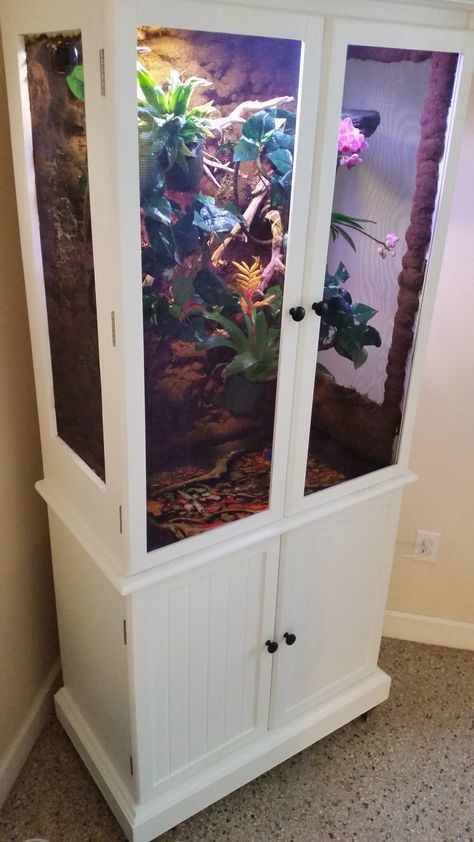 Finally finished! Fully repurposed DIY Chameleon Vivarium. Diy Reptile Enclosure, Chameleon Terrarium, Chameleon Enclosure, Chameleon Cage, Terrariums Diy, Diy Reptile, Snake Terrarium, Bearded Dragon Enclosure, Snake Enclosure