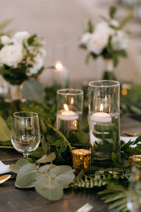 A romantic Kansas City wedding featuring abundant organic vines and lush open white garden blooms contrasted with meadowy textures. Photography by Jefferson May Photography | Planning by Pretty and Planned | Venue at White Iron Ridge Wedding Table Settings Greenery, Greenery Table Decor, Timeless Romantic Wedding, Textures Photography, Kansas City Wedding Venues, White Wedding Ceremony, Good Earth, Floral Design Studio, Reception Flowers