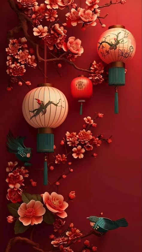 Chinese New Year Design Illustration, Lunar New Year Wallpaper, Cny Wallpaper, Angpao Design, Chinese New Year Wallpaper, Mickey Mouse Wallpaper Iphone, Chinese New Year Background, Lantern Tattoo, Chinese Background