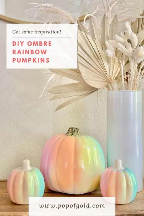 Is it Fall yet? It's still about 100* here in Southern California, but I have Fall on my mind. Here's an easy DIY for you to give some Summer-y feels to your Fall pumpkins! It's also "Head In With Us" time on September 9th! Check my Instagram for more Fall Inspiration from some talented gal pals of mine! At the bottom Pastel Autumn, Pastel Pumpkins, Rainbow Halloween, Book Themed Party, No Carve Pumpkin Decorating, Diy Ombre, Halloween Tattoo, Pumpkin Carving Templates, Pumpkin Centerpieces