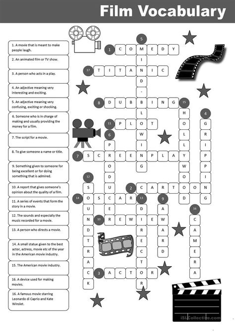 Film Vocabulary Crossword (Key) - English ESL Worksheets for distance learning and physical classrooms Film Vocabulary, Festival Art, Esl Activities, English Lessons For Kids, English Activities, Esl Teaching, School Teacher Gifts, Esl Worksheets, Teaching Activities