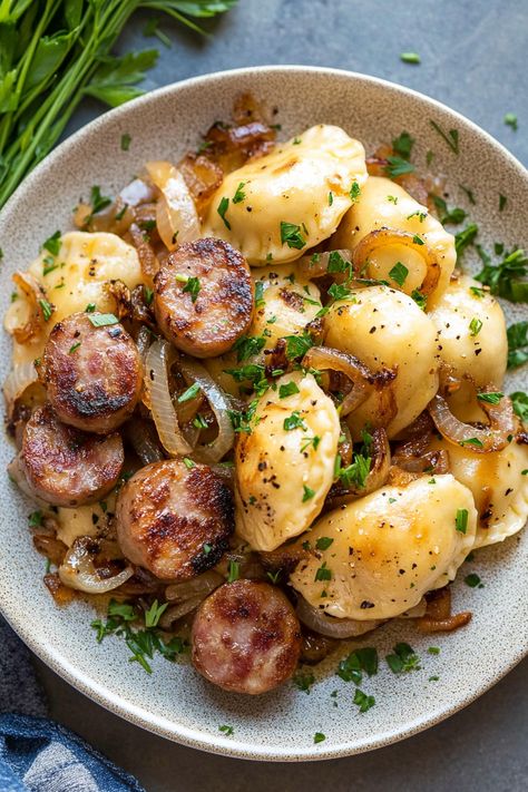 Perogies And Sausage Skillet, Perogies And Sausage Recipe, Sausage And Perogies, Perogies And Kielbasa, Perogies And Sausage, Rope Sausage Recipes, Sausage Pot Pie, Perogies Recipe, Sausage Skillet