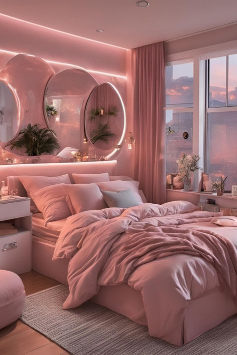 Pink Light Bedroom, Pink Girly Bedroom Aesthetic, Pink Room Ideas Bedrooms, Room Makeover Ideas Aesthetic, Baddie Aesthetic Bedroom Ideas, Baddie Room Ideas Bedrooms, Pink Theme Room, Modern Aesthetic Bedroom, Pink Glam Aesthetic