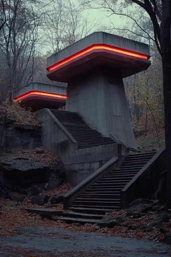 ↑↑↑ Larger size on website 🔸 A concrete structure with two platforms, illuminated by red neon lights, stands amidst a forest. The Neon Brutalism, Chaos Fantasy Art, Red Neon Lights, Odd World, Leaf Blanket, Red Neon, Art Surrealism, World Design, Concrete Structure