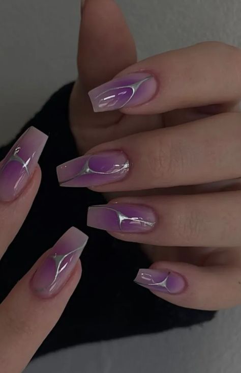 Nails That Match Purple Dress, Purple And Grey Nail Designs, White And Purple Acrylic Nails, Purple Nails Ideas Short, Coffin Aura Nails, Lilac Nails Ideas, Purple Nail Designs Coffin, Purple And Nude Nails, Simple Purple Nail Designs