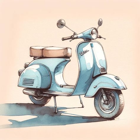 Italian Vespa, Scooter Drawing, Vespa Illustration, Light Terracotta, Watercolor Art Landscape, Vespa Scooter, Cool Car Drawings, Object Drawing, Cartoon Sketches