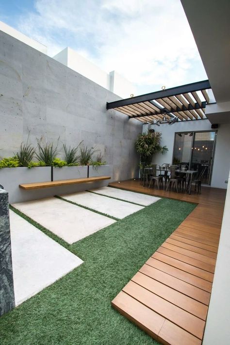 Small Patio Ideas On A Budget, Moderne Have, Small Patio Design, Modern Patio Design, Concrete Patios, Modern Front Yard, Courtyard Design, Design Building, Design Door