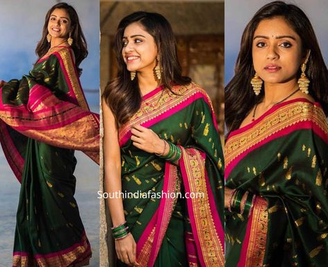 Vithika Sheru celebrated Bhogi wearing a green banarasi silk saree that featured gold zari bhutis all over and, pink and gold border. She styled her look with gold jhumkas by MS Pink Panther, matching bangles and neutral makeup! Vithika Sheru, Maharashtrian Saree, Engagement Saree, Bollywood Designer Sarees, Pattu Saree Blouse Designs, Saree Blouse Neck Designs, Saree Jewellery, Wedding Saree Blouse Designs, Indian Fashion Saree