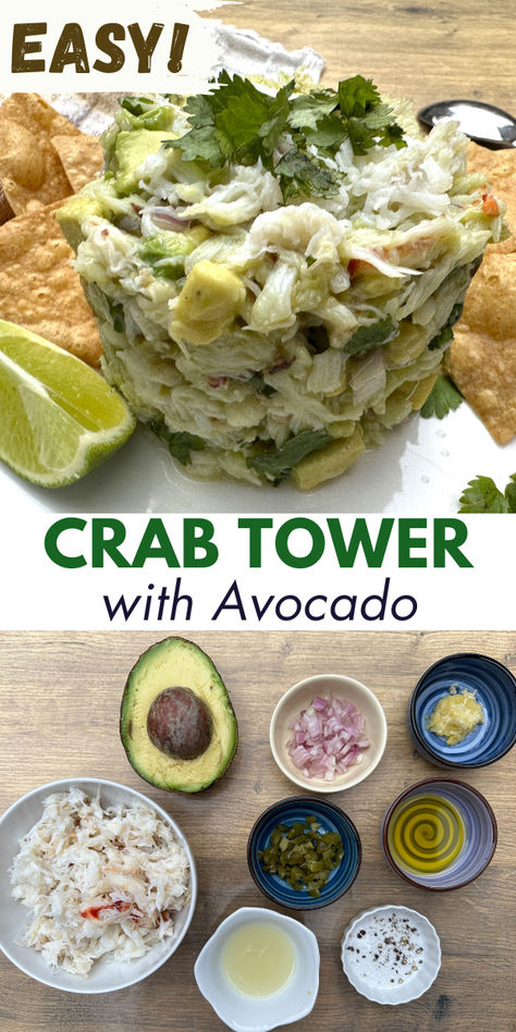 Crab tower with avocado and topped with cilantro on a plate Crab And Avocado Recipes, Mediterranean Crab Recipes, Crab Tower, Crab Recipes Healthy, Imitated Crab Recipes, Crab Avocado, Keto Fish, Keto Seafood, Crab Dishes