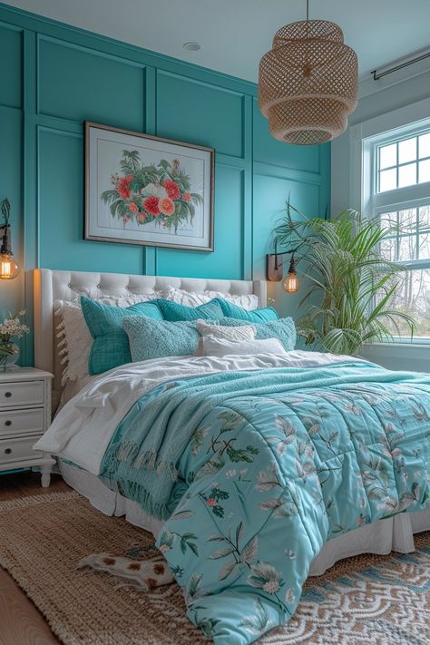 24 Turquoise Bedroom Ideas That Our Editors Love Aqua Turquoise Aesthetic, Light Teal Bedroom Color Schemes, Cyan Room Ideas, Turquoise Bedroom Ideas For Adults, Turquoise Bedrooms, Light Teal Bedroom, White And Turquoise Bedroom, Turquoise Room Ideas, Turquoise Bedroom Ideas