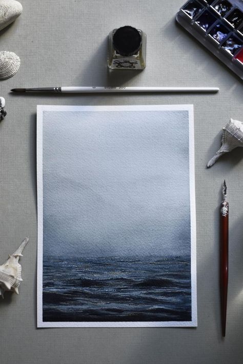 Misty Ocean Painting, Stormy Ocean Watercolor, Stormy Sea Watercolor, Sea Painting Watercolor, Watercolour Seascapes, Watercolour Clouds, Ocean Watercolor Painting, Misty Ocean, Watercolour Ocean