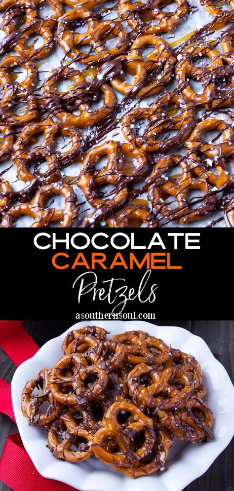 Pretzels drizzled with buttery caramel sauce and rich, dark chocolate are turned into the perfect combination of sweet and salty! Add in a pinch of flakey sea salt and you’ve got a 4-ingredient, no-bake treat that everyone will love. Carmel Chocolate Pretzels, Drizzled Pretzels, A Southern Soul, Chocolate Caramel Pretzels, Snack Smoothie, Caramel Pretzels, Salted Caramel Chocolate, Chocolate Pretzels, Caramel Recipes