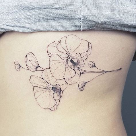 fine-line orchid tat Orchid Line Drawing, Line Drawing Tattoo Ideas, Purple Orchid Tattoo, Orchid Tattoo Meaning, Orchid Tattoos, Drawing Tattoo Ideas, Stippling Tattoo, Mom Daughter Tattoos, Orchid Tattoo