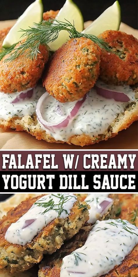 🥙 Falafel with Creamy Yogurt Dill Sauce is a flavorful plant-based meal perfect for lunch or dinner. The crispy falafel pairs beautifully with the tangy yogurt sauce, creating a delicious and healthy dish. Serve it with pita bread and veggies for the ultimate falafel experience. 💡 Pin this recipe and treat yourself to homemade falafel! #FalafelRecipe #VeganFood #MediterraneanRecipes #HealthyEating #QuickMeals Falafel Sauce Recipe, Sauce With Greek Yogurt, Falafel Sauce, Falafel Recipe Easy, Yogurt Dill Sauce, Homemade Falafel, Creamy Dill Sauce, Creamy Yogurt, Appetizer Sandwiches