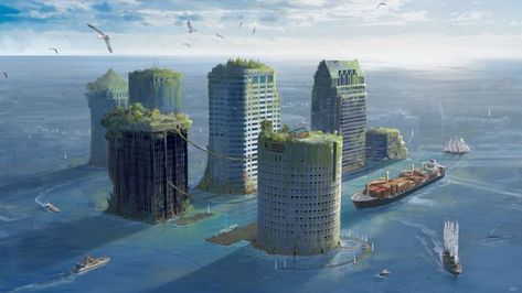 Post Apocalyptic City, Abandoned Place, City Ideas, Abandoned City, Apocalypse World, Sunken City, Post Apocalyptic Art, Apocalypse Art, Floating City