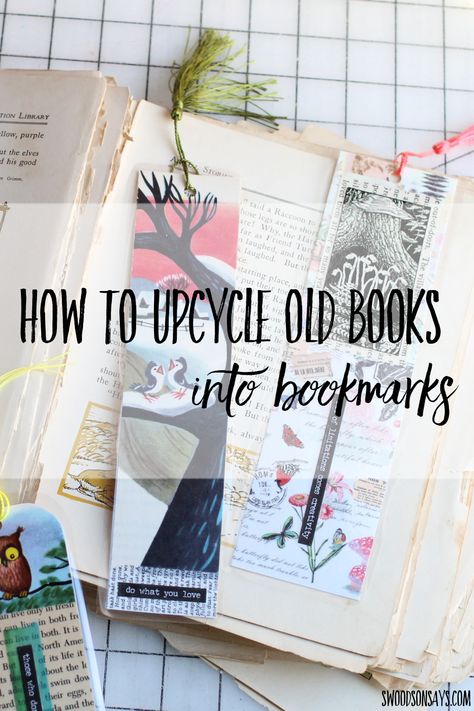 Easy upcycle craft tutorial for how to make bookmarks from old books. A fun book page upcycle craft great for all ages! Crafts Using Old Book Pages, Diy Bookish Crafts, Crafts With Book Pages, Diy Bookmarks Easy, Book Craft Ideas, Recycled Book Crafts, Upcycled Books Crafts, Book Decorations, Make Bookmarks