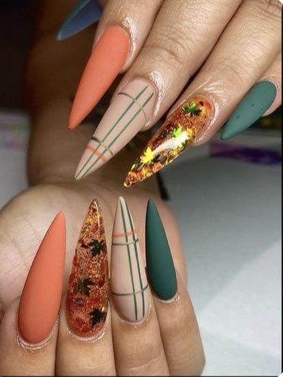 Fall Nails Orange Brown Ombre, Fall Unique Nails, Stilleto Fall Nail Designs, Fall Stilleto Nails Long, Stiletto Fall Nails Designs, Fall Encapsulated Nails, Stiletto Nail Art Fall, Fall Coffin Nail Designs, Fall Themed Nails Acrylic