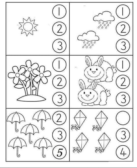 Count and circle the correct number . math worksheet for kindergarten and pre schools Math Worksheet For Kindergarten, Kindergarden Math, Preschool Activity Sheets, Alphabet Letters To Print, Kindergarten Math Worksheets Addition, Worksheet For Kindergarten, Fun Math Worksheets, Spanish Lessons For Kids, Kindergarten Reading Activities