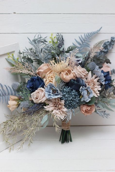 Dusty Blue And Cream Bouquet, Steel Blue Wedding Bouquet, Blue Wedding Theme Bouquet, Bridal Beach Bouquet, Blue And Tan Flower Arrangements, Boho Wedding Dusty Blue, Bouquet For Navy Blue Dress, Formal Bouquet Ideas, Royal Blue Boho Wedding