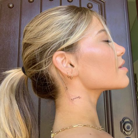 Neck Woman Tattoo, Single Needle Neck Tattoo, Women Small Neck Tattoo, Tiny Angel Number Tattoo, Neck Placement Tattoos, Small 333 Tattoo, 333 Tatoos, Amor Neck Tattoo, Different Tattoo Placement Ideas