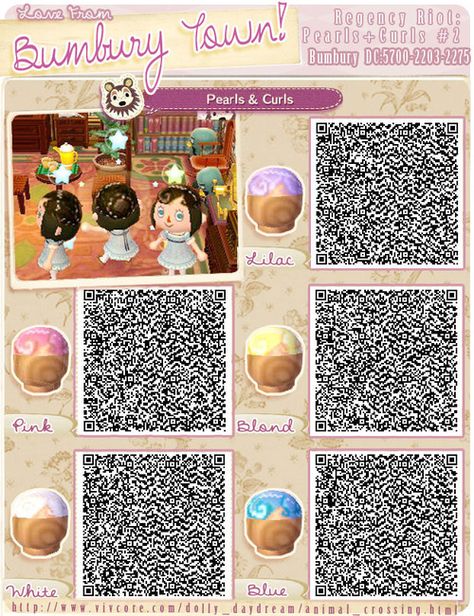 Pearls and Curls Wigs in Purple, Pink, Blonde, White, and Blue! New Leaf Hair Guide, Animal Crossing Hair, Acnl Outfits, Animal Whisperer, Acnl Clothes, Animal Crossing New Leaf Qr Codes, Ac Qr Codes, Motif Acnl, Codes Animal Crossing