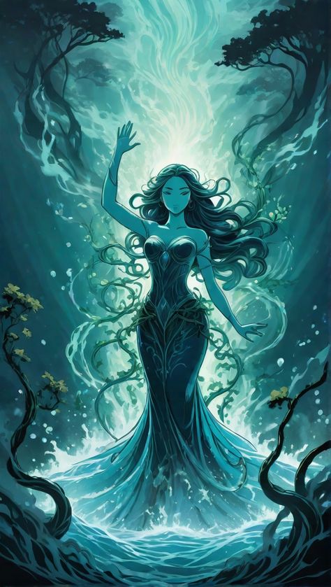 Elemental Goddess Art, Water Armor Female, Water Queen Art, Mermaid Green Aesthetic, Water Spirit Aesthetic, Amphitrite Goddess Art, Water Mage Female, Water Woman Art, Elements As Humans