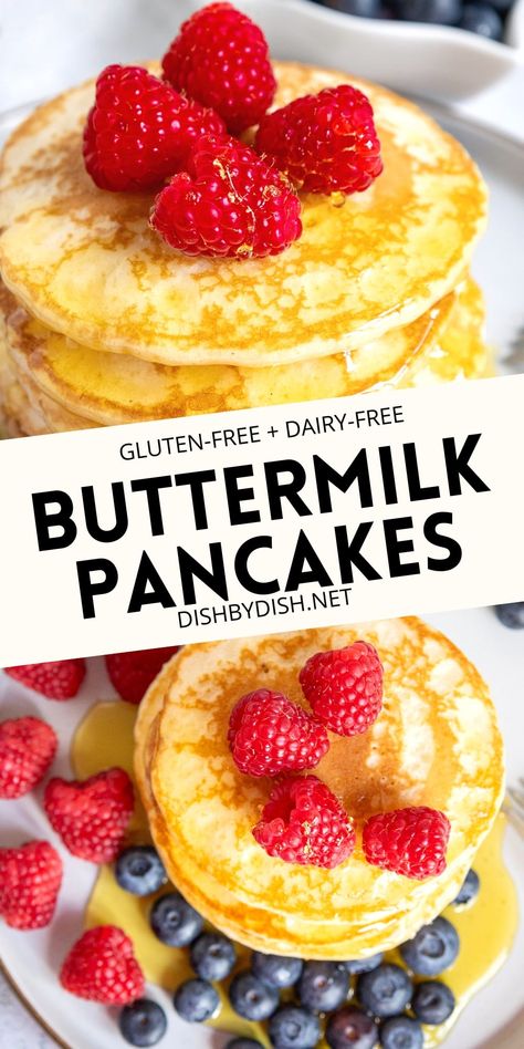 Easy gluten-free buttermilk pancakes that are a cinch to whip up. They taste amazing with a drizzle of maple syrup and fresh berries, and are a great breakfast or dessert. Dairy-free option too. Easy Buttermilk Pancakes, Buttermilk Pancakes Easy, Gluten Free Buttermilk Pancakes, Freeze Pancakes, Pancake Recipe Buttermilk, Lactose Free Recipes, Dairy Free Cream, Egg Free Recipes, Pancake Stack