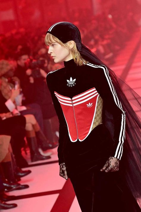 A Closer Look at the adidas x Gucci FW22 Collaboration Madonna Fashion, Adidas Gucci, Gucci Adidas, Frills And Ruffles, Look Adidas, Gucci Top, Green Suit, Brand Collaboration, Sportswear Brand