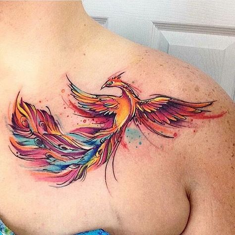 watercolor-phoenix-tattoo-placement-on-shoulder Watercolor Phoenix Tattoo, Tato Phoenix, Front Shoulder Tattoos, Phoenix Bird Tattoos, Phönix Tattoo, Vogel Tattoo, Kunst Tattoos, Phoenix Tattoo Design, Tattoo Prices