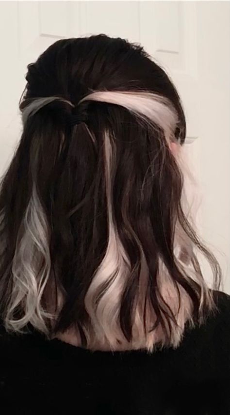 White And Dark Hair Color, Half Split Hair Color Under, Half Top Half Bottom Hair Color, One Silver Streak Hair, Peekaboo Ash Blonde, White And Brunette Hair, Under White Hair, Under Layer Colored Hair, Silver Peekaboo Hair Dark Brown