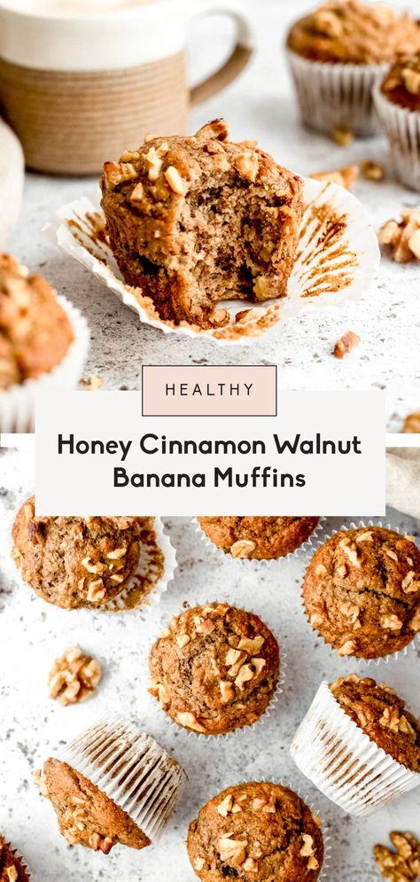 The ultimate healthy banana muffins are incredibly moist, dairy free and naturally sweetened with just ripe bananas and honey. This easy, healthy banana muffin recipe comes together in one bowl in just 30 minutes with options to add a delicious crunch from heart-healthy walnuts! The perfect healthy breakfast or snack that's freezer-friendly, too. #muffins #banana #bananamuffins #baking #healthysnack #breakfast #dairyfree #walnuts Muffins Freezer Friendly, Dairy Free Banana Muffins, Banana Muffin Recipe Healthy, Muffins Banana, Healthy Banana Muffins, Banana Muffin, Perfect Healthy Breakfast, Healthy Honey, Banana Muffin Recipe