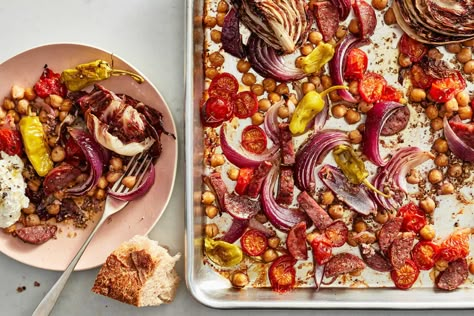 Sheet-Pan Italian Sub Dinner Recipe Italian Sub, Sheet Pan Suppers, Deli Sandwiches, Nyt Cooking, Sheet Pan Dinners, Cured Meats, Sheet Pan Recipes, Sweet And Spicy, Sheet Pan