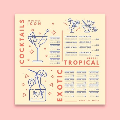 Drink Menu Design Ideas Layout, Drink Card Design, Drink Menu Design Bar, Juice Bar Menu Design, Cocktail Card Design, Cocktail Bar Menu Design, Service List Design, Menu Drink Design, Smoothie Menu Design