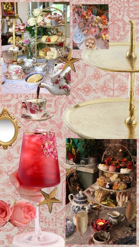 gold and pink theme high tea party #vintage #pink #gold #tea English Tea Themed Party, Rococo Tea Party, High Tea Aesthetic, Twisted Tea Party, Tea Party Aesthetic, English High Tea, Tea Party Vintage, Pink Tea Party, Victorian Tea Party