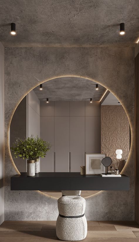 Home Hall Design, Dressing Table Design, Modern Luxury Bedroom, Hallway Designs, Foyer Design, Home Entrance Decor, Interior Wall Design, Modern Bedroom Design, Round Mirror