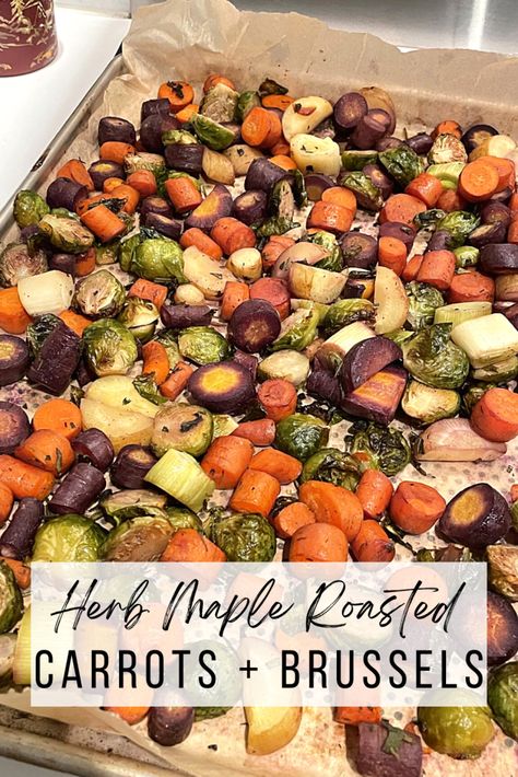 Herb Maple Roasted Carrots Brussels Roasted Brussel Sprouts And Carrots, Stuffing Recipes Healthy, Maple Roasted Carrots, Honey Roasted Carrots, Healthy Cocktails, Goat Cheese Recipes, Healthy Style, Healthy Thanksgiving, Brussels Sprouts Recipe