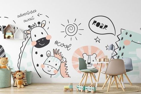 Animal Mural Wallpaper. Kids Wallpaper. Peel and Stick | Etsy Indoor Playroom, Blog Wallpaper, Kids Room Murals, Floor Graphics, Wallpaper Kids, Animal Mural, Modern Kids Room, Your Wallpaper, Wall Murals Painted