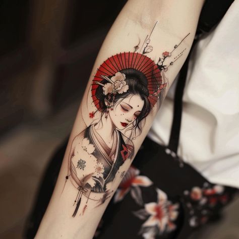 20 Powerful Japanese Style Tattoos For Daring Women - Japan Themed Tattoo, Cherry Blossom Arm Tattoo Sleeve, Powerful Tattoos, Theme Tattoos, Japanese Geisha Tattoo, Tattoo Japan, Fierce Tattoo, Geisha Tattoo Design, Oni Tattoo