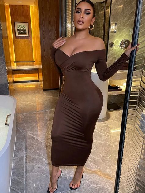 Off Shoulder Bodycon Dress, Brown Style, Color Chocolate, Valentines Outfits, Fashion Sale, Brown Fashion, Green Fashion, Dress P, Chocolate Brown