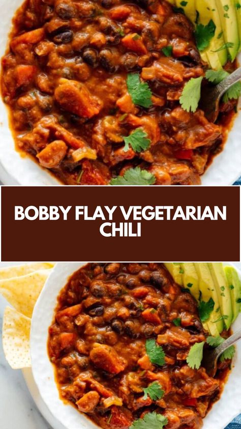 Bobby Flay’s Vegetarian Chili is made with extra-virgin olive oil, red onion, red bell pepper, carrots, celery, garlic, chili powder, ground cumin, smoked paprika, dried oregano, diced tomatoes, black beans, pinto beans, vegetable broth, bay leaf, and fresh cilantro. This hearty vegetarian chili recipe creates a delicious dinner that takes about 45 minutes to prepare and can serve up to 6 people. Bobby Flay Chili Recipe, Vegetarian Chilli Recipes, Bobby Flay Chili, Bean Chili Vegetarian, Vegetarian Chili Recipe Crockpot, Pinto Bean Chili, Chili Vegetarian, Bobby Flay Recipes, Beans Vegetable