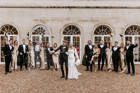 Wedding party Champagne Bridesmaids Black Groomsmen, Champagne Bridesmaid Dresses Black Tuxes, Black And Gold Bridesmaids Dresses, Black Gold Bridesmaid Dresses, Gold And Black Bridesmaid Dresses, Black And Champagne Wedding Colors, Black And Tan Wedding, Black Tie Bridesmaid Dresses, Champagne And Black Wedding