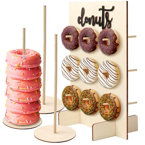 PRICES MAY VARY. Package: you will get 4 pieces donut holder stand party, including 1 pcs wood donut wall which can hold 18 donuts total and 3 pcs wood donut stand towers, which can hold 6-8 donuts each; Nice combination can nicely meet your various party theme decor and save your money Wood: wood donut display board made of 4.5 mm thickness wood plywood and wood donut stand made of 2.5 mm wood plywood, durable and not easy break; Our donut wall display stand can be placed on your table stably a Donut Holder Stand, Doughnut Decorations, Doughnut Stand, Donut Holder, Puzzle Theme, Donut Party Supplies, 40th Bday Ideas, Donut Display, Donut Stand