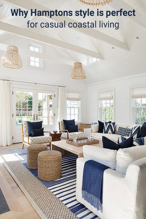 Why Hamptons style is perfect for ... Beach Decor Living Room, Scandinavian Design Living Room, Styl Hampton, Coastal Decorating Living Room, Beach Living Room, Beach House Interior Design, Interior Design Per La Casa, Coastal Living Rooms, Beach House Interior