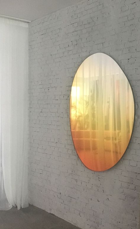 Off Round Hue Collection - New Colour! Sunrise Material: Glass Dimensions: 112 x 136.7 cm ( 1.3cm thick with a hanging system of 1cm) Finishes: Colored glass Color options: Sunrise (pictured), Blue, gold, black, aubergine, bronze, rose Custom colours available 2018 Big Round Mirror, Styles Interior Design, Sabine Marcelis, Interior Design Aesthetic, Interior Design Wallpaper, Statement Art Pieces, Colored Mirror, Wallpaper Interior, Contemporary Wall Mirrors