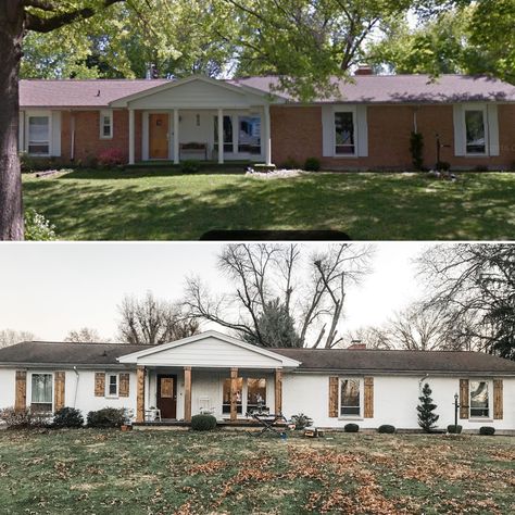 White Painted Brick Exterior With Cedar, Ranch House Facade Makeover, Limewash Brick Exterior Ranch House, 70s Ranch Exterior Remodel Brick, Rancher Update Exterior, Painted Brick Exterior, Brick Ranch Painted White, Brick Ranch House Exterior, Ranch Style Homes Exterior Remodel