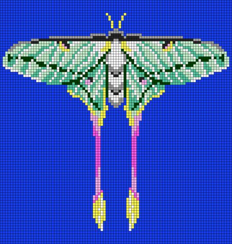 Luna Moth Pixel Art, Mothman Alpha Pattern, Lunar Moth Pixel Art, Lunar Moth Crochet Pattern, Moth Grid Pattern, Luna Moth Alpha Pattern, Moth Crochet Tapestry, Lunar Moth, Pixel Pattern