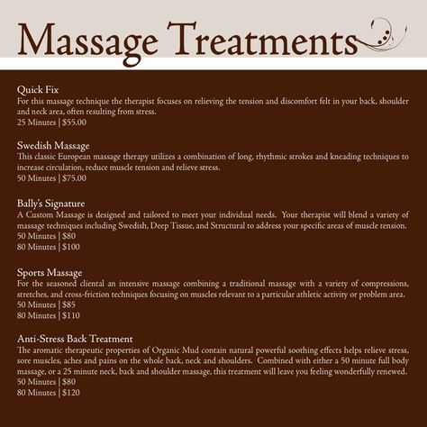 Massage Menu Spa Treatments, Massage Therapy Price List, Massage Menu Ideas, Parlor Ideas, Massage Therapy Career, Massage Prices, Therapy Rooms, Spa Stuff, Massage Therapy Rooms