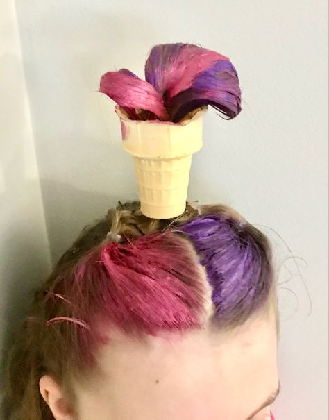 Cut a hole in the bottom of an ice cream cone, pull ponytailed hair through, Bobby pin hair in place, color the hair to look like ice cream, and done! Bobby Pin Hair, Bobby Pin Hairstyles, Wacky Hair Days, Crazy Hair Day, Wacky Hair, Pin Hair, Bobby Pin, Crazy Hair Days, An Ice Cream